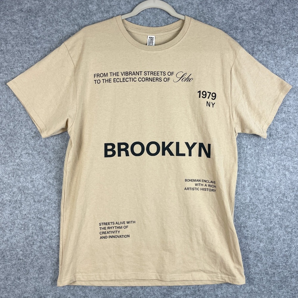 Brisco Brooklyn Graphic T-Shirt Mens Large Beige Crew Neck Short Sleeve Tee NEW